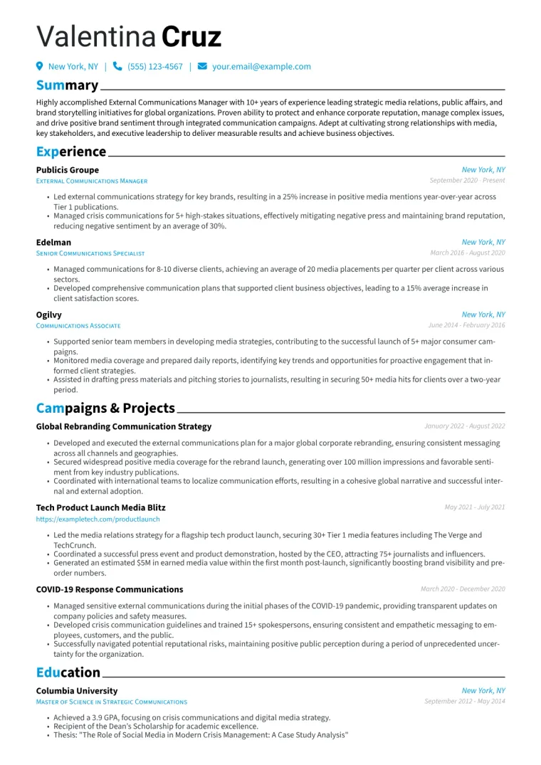 External Communications Manager Resume Example CV template preview