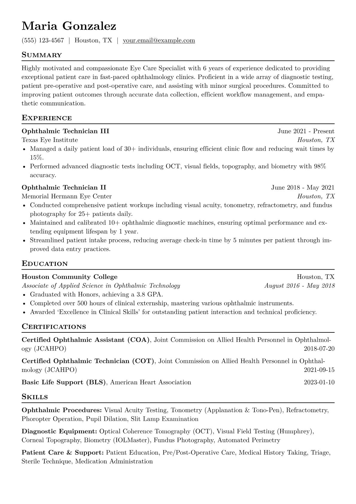 Eye Care Specialist Resume Example CV template - Page 1