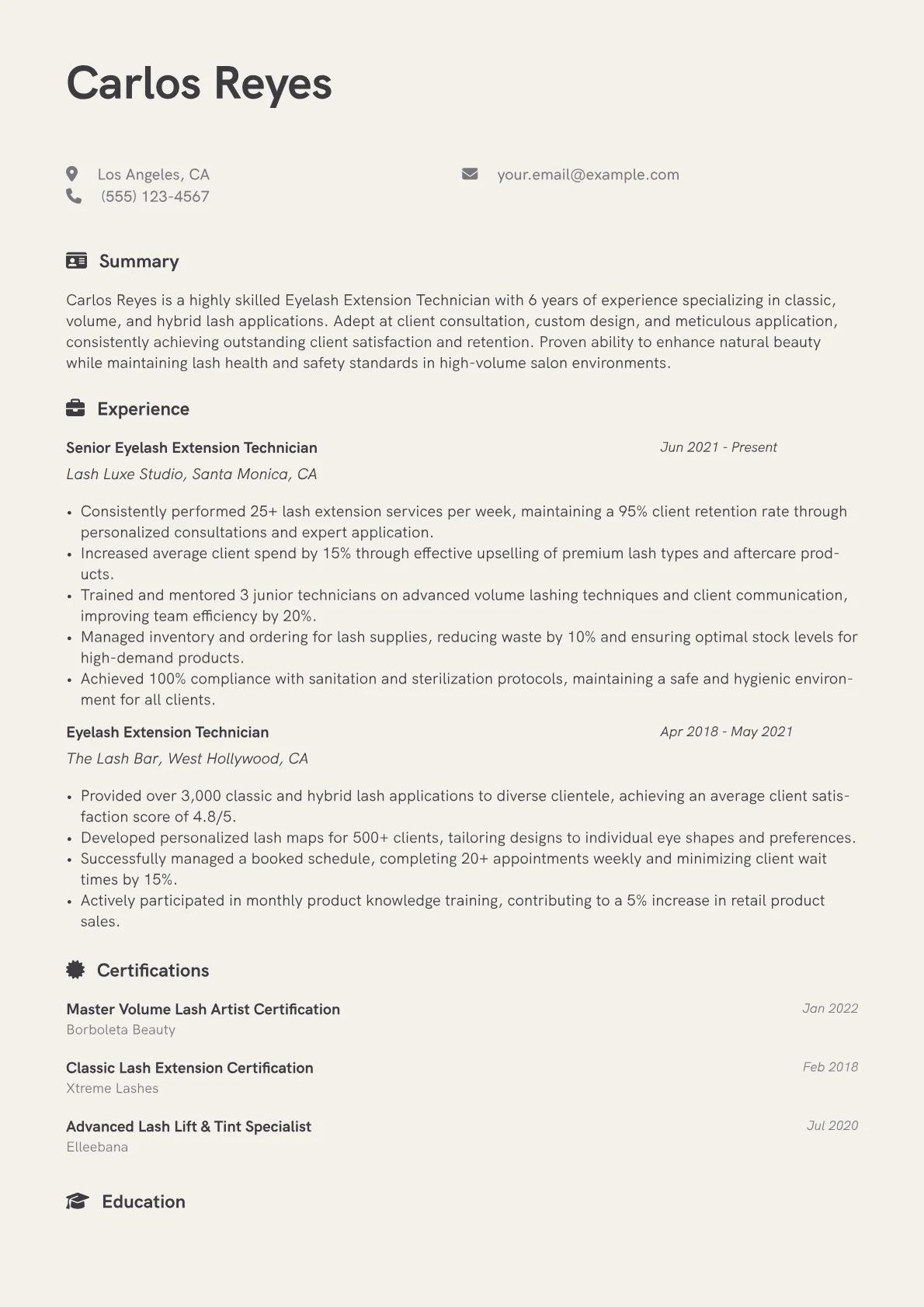 Eyelash Extension Technician Resume Example CV template - Page 1