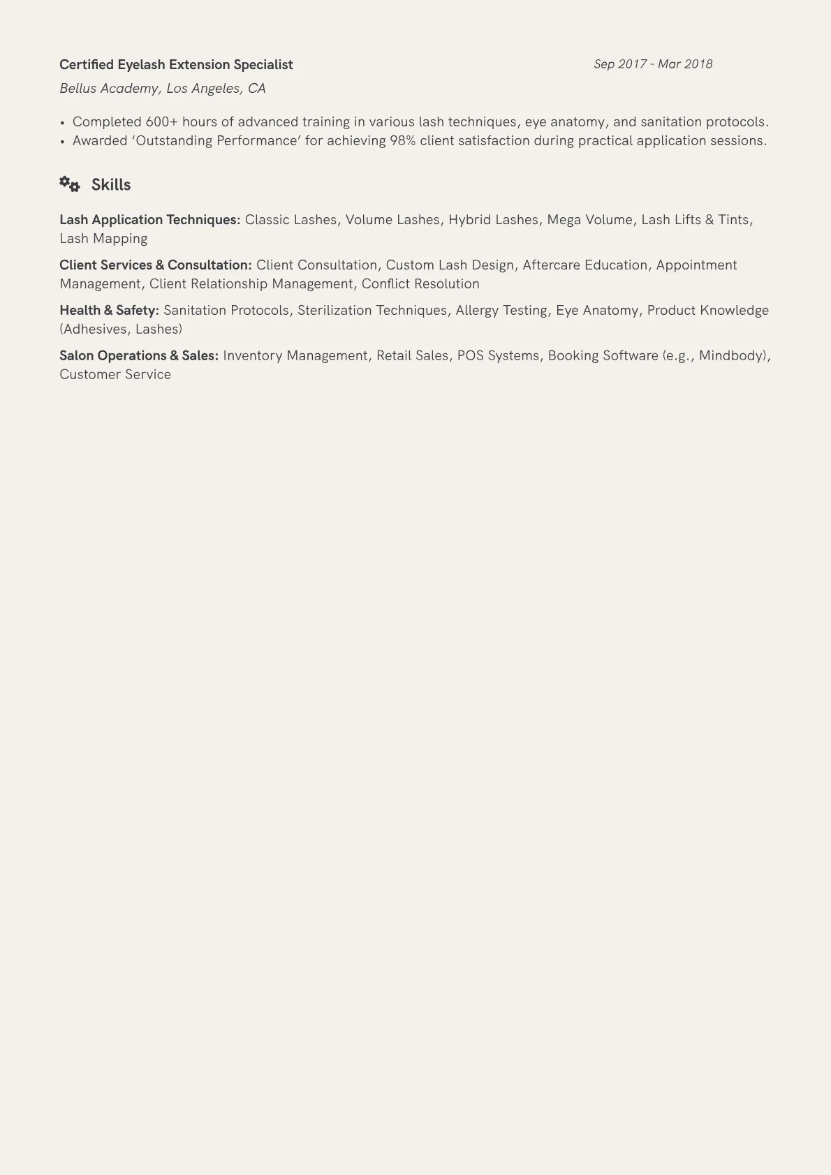 Eyelash Extension Technician Resume Example CV template - Page 2