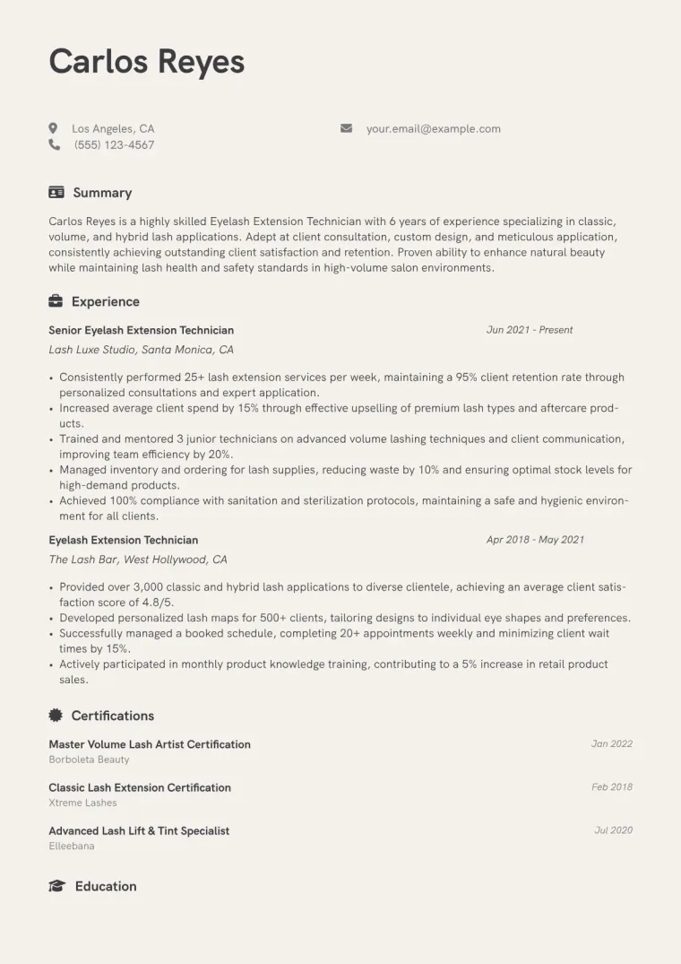 Eyelash Extension Technician Resume Example CV template preview