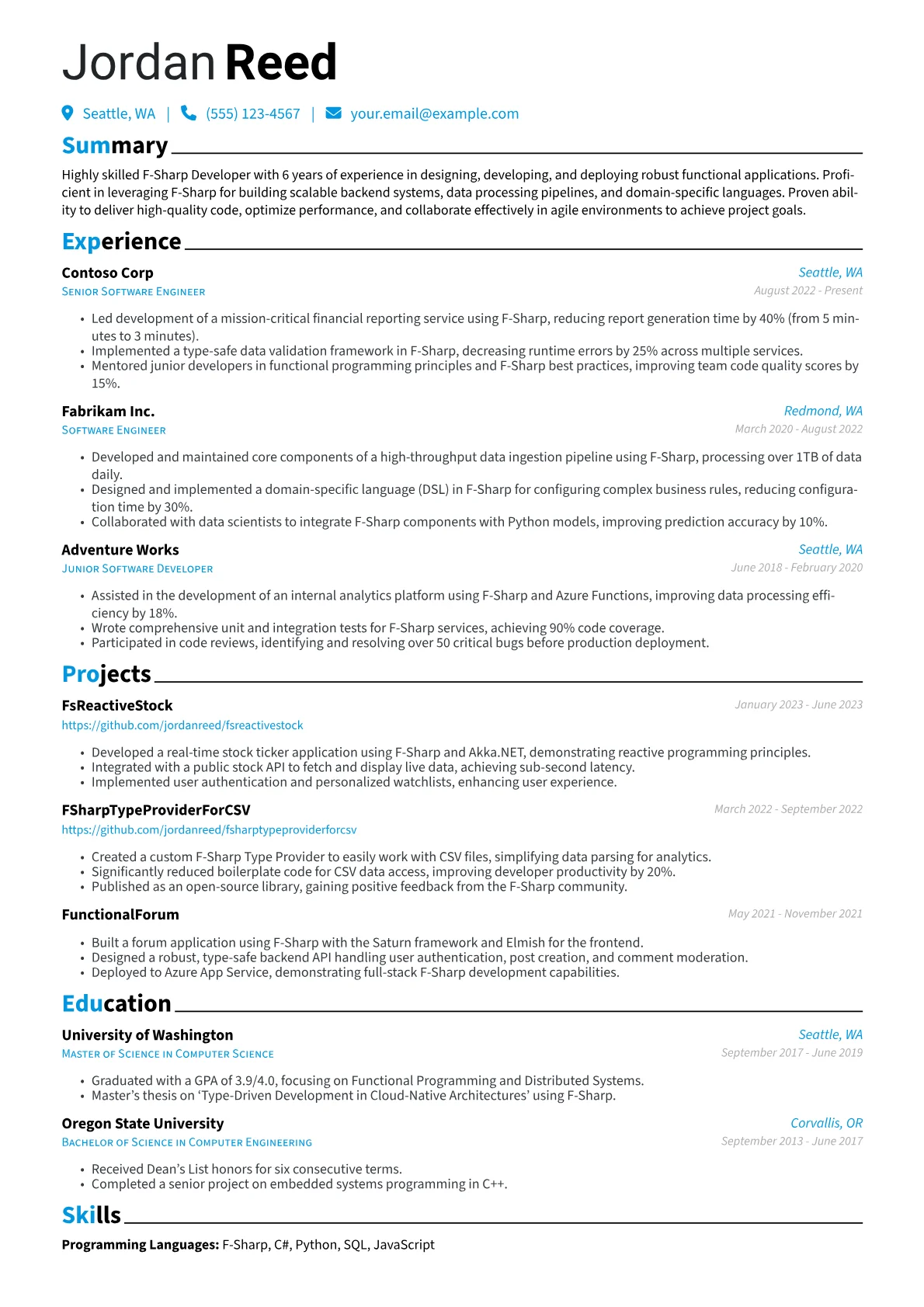F-Sharp Developer Resume Example CV template - Page 1