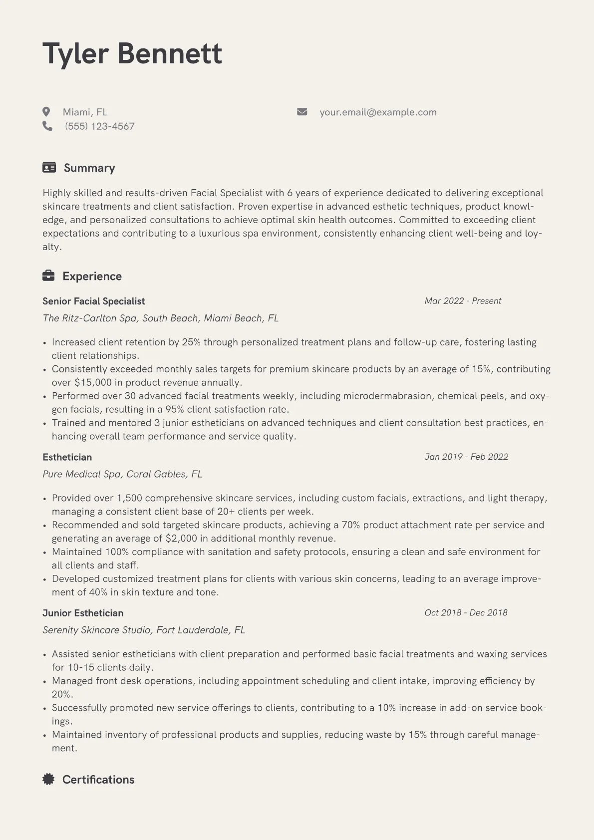 Facial Specialist Resume Example CV template - Page 1