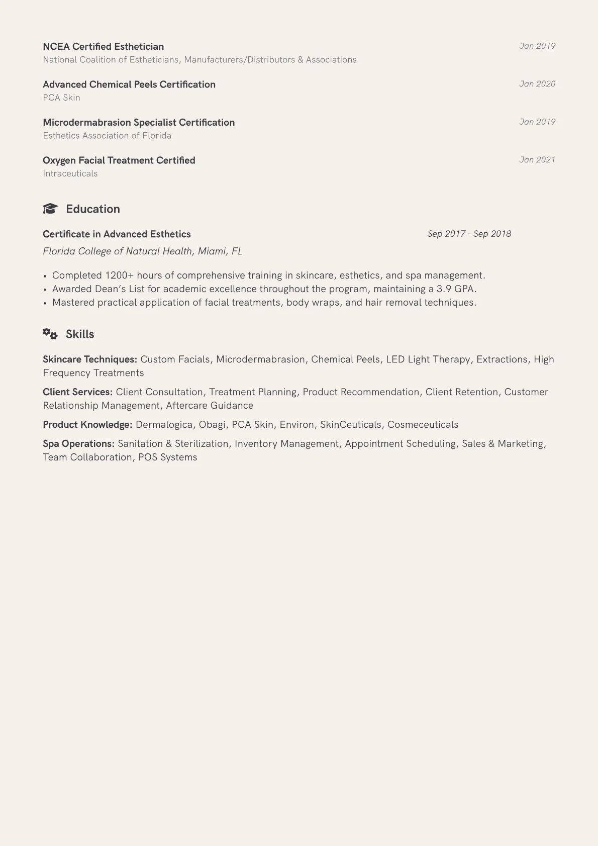 Facial Specialist Resume Example CV template - Page 2