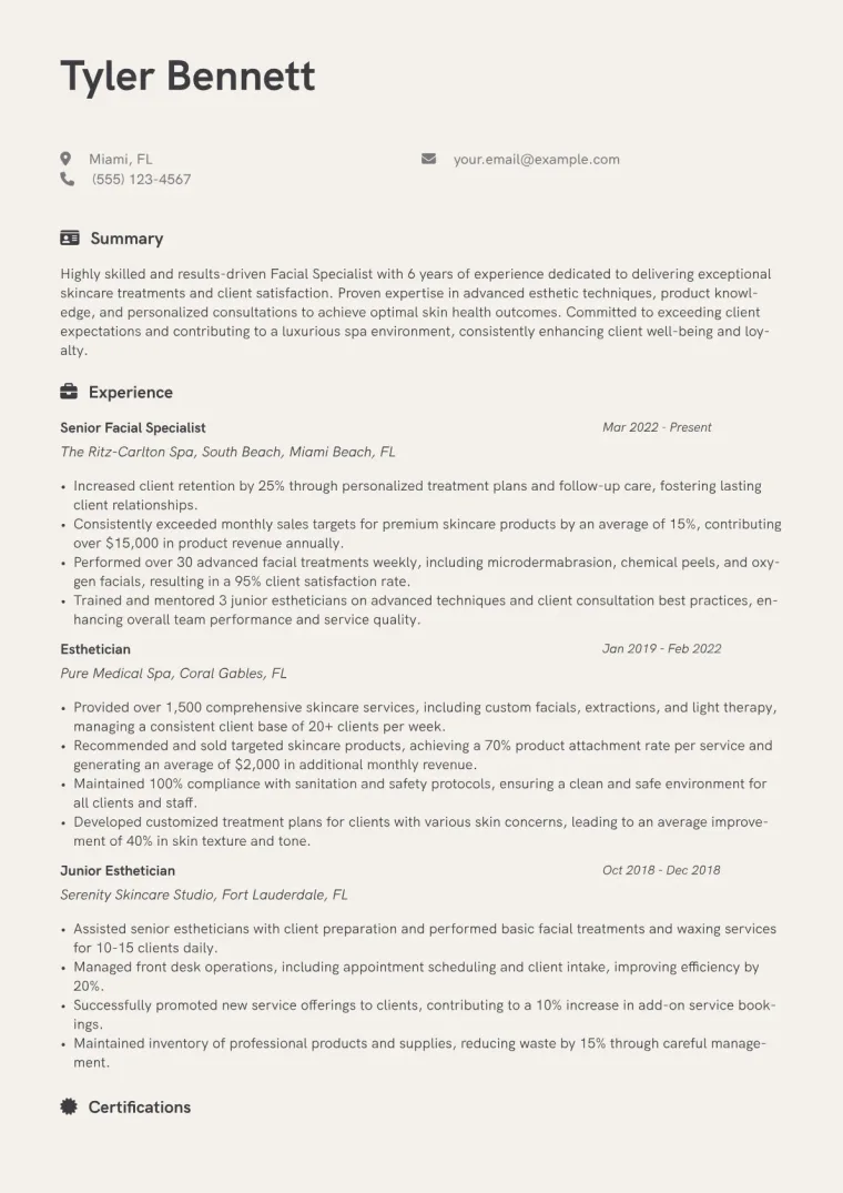 Facial Specialist Resume Example CV template preview