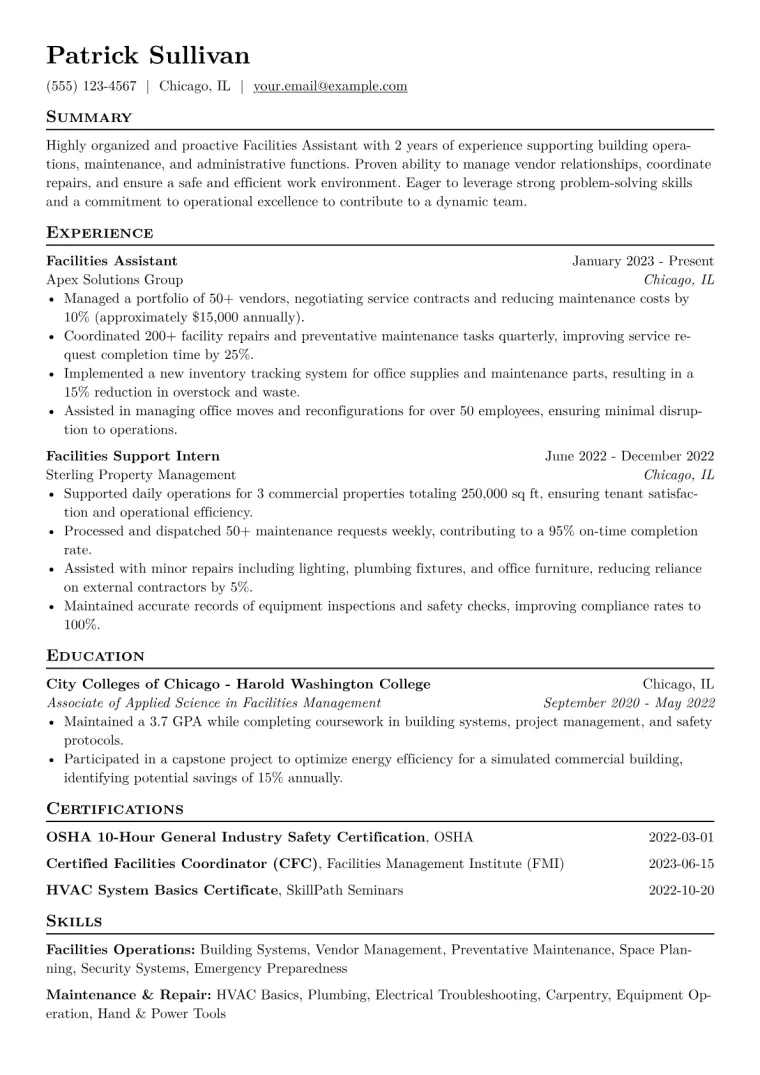 Facilities Assistant Resume Example CV template preview