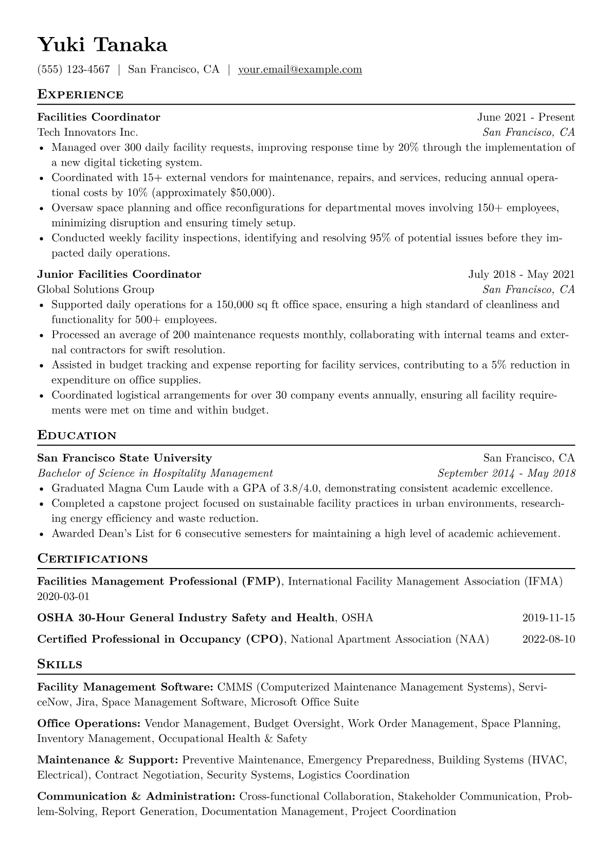 Facilities Coordinator Resume Example CV template - Page 1