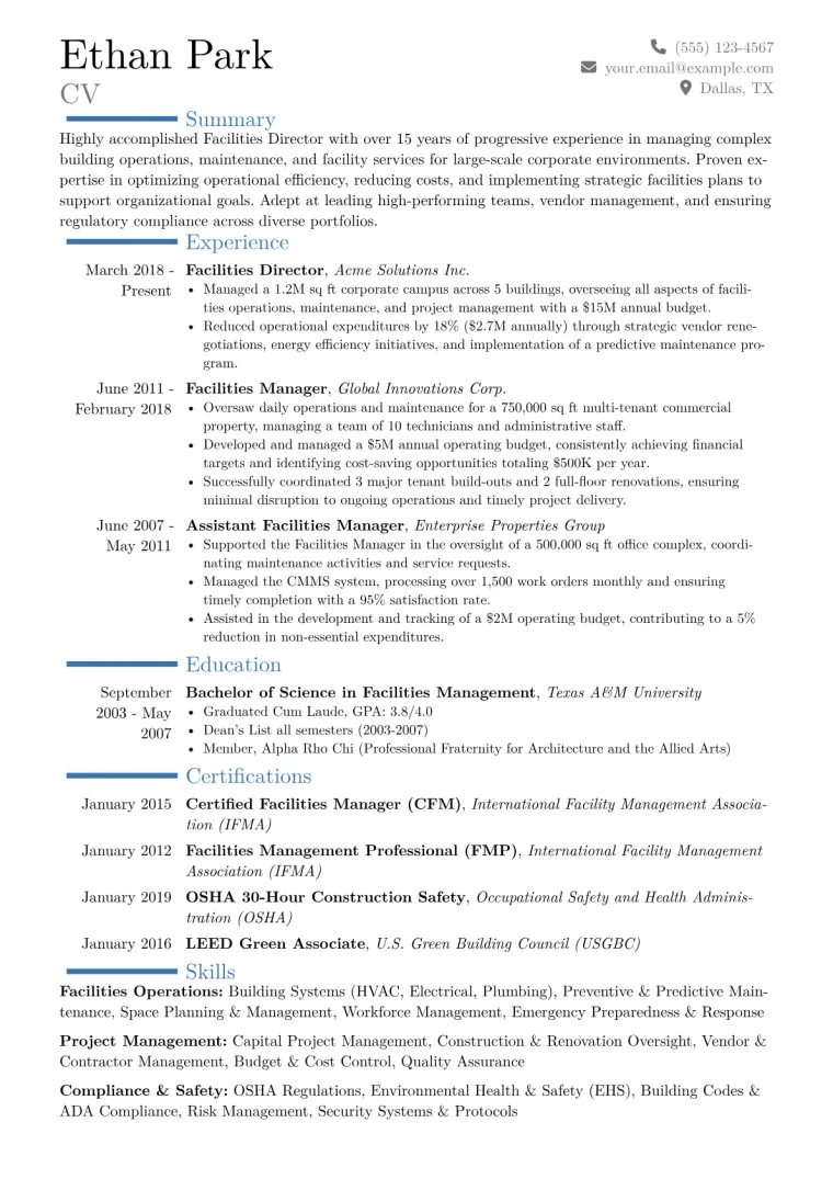 Facilities Director Resume Example CV template preview