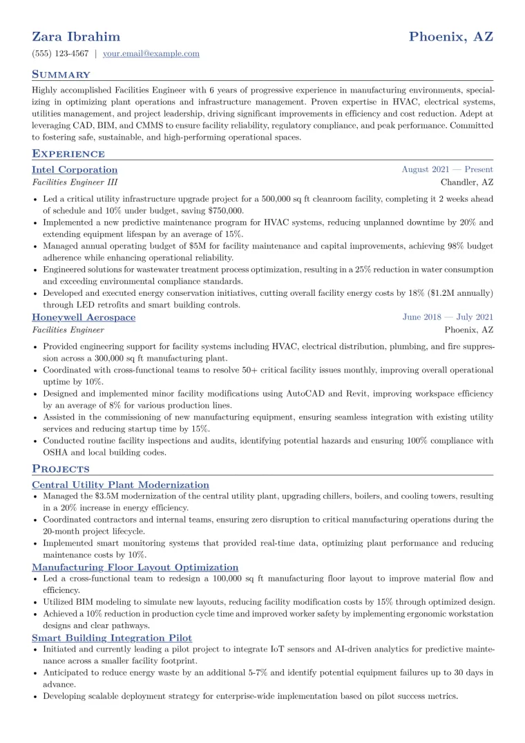 Facilities Engineer Resume Example CV template preview