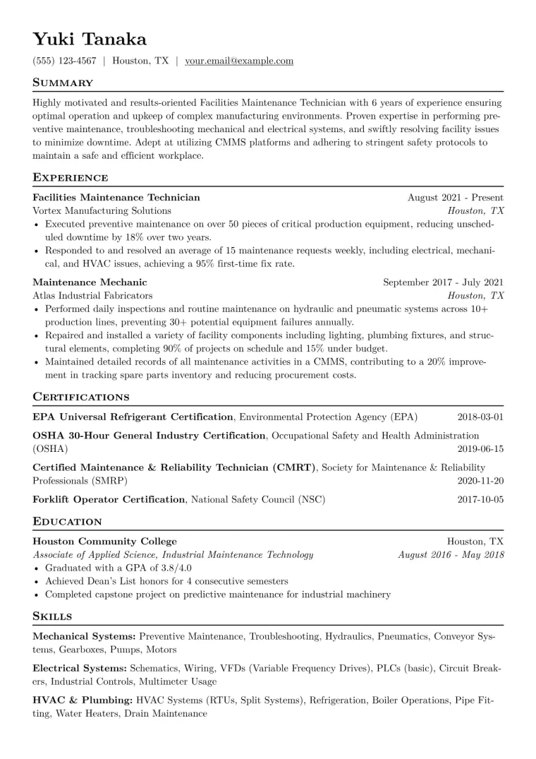 Facilities Maintenance Technician Resume Example CV template preview