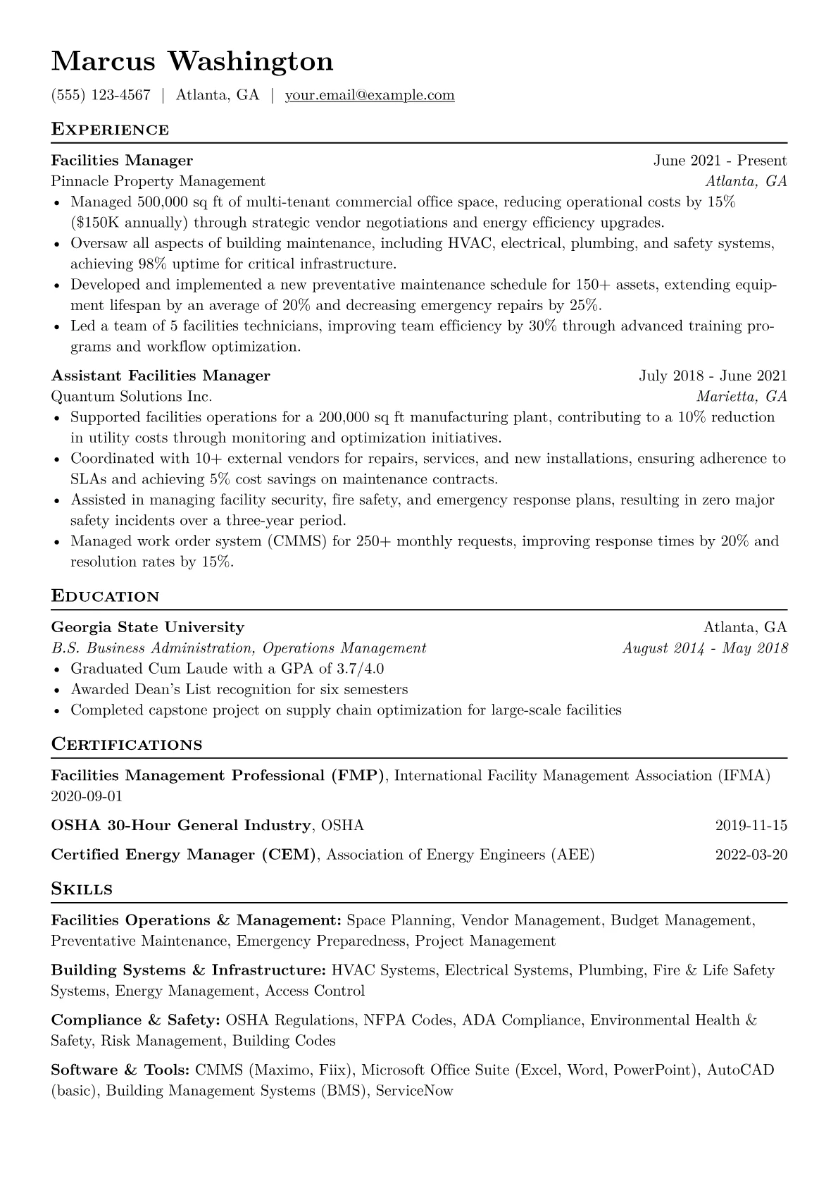 Facilities Manager Resume Example CV template - Page 1
