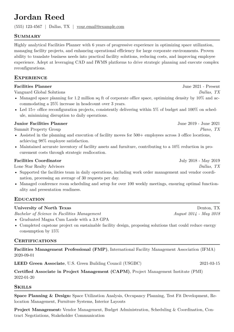 Facilities Planner Resume Example CV template preview