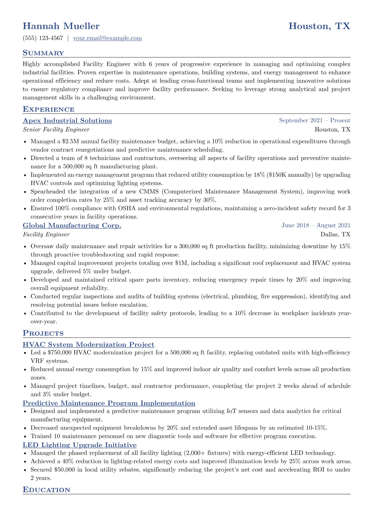 Facility Engineer Resume Example CV template - Page 1