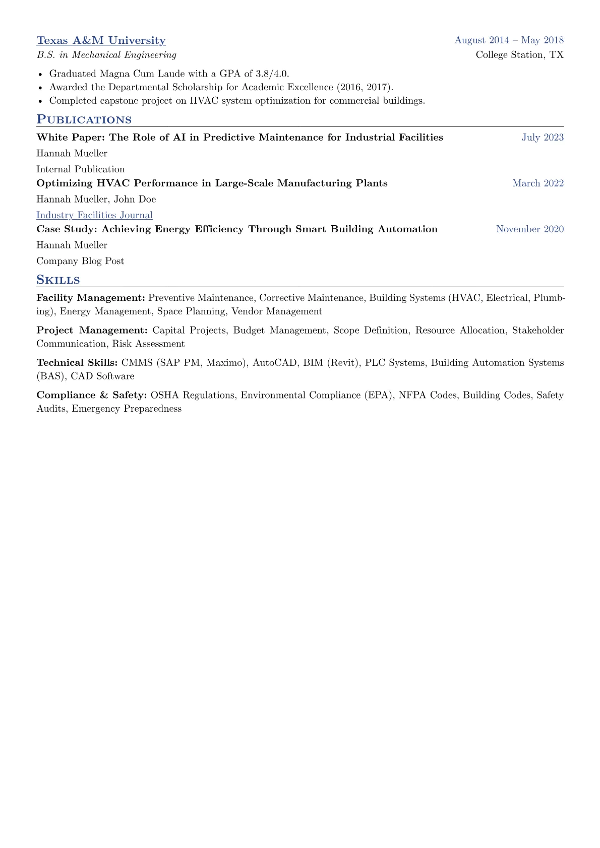 Facility Engineer Resume Example CV template - Page 2
