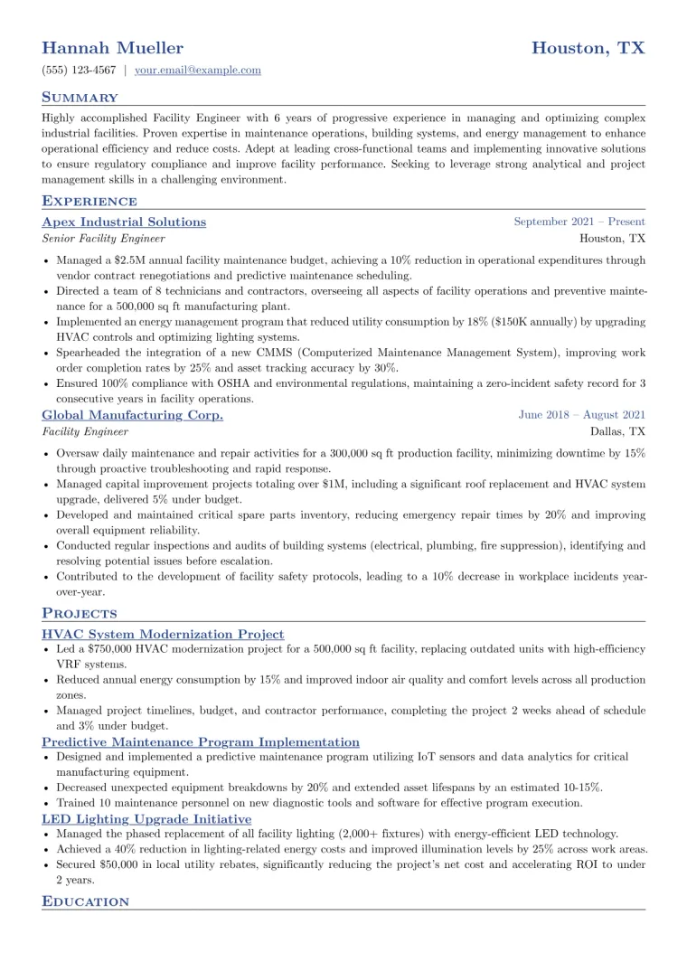Facility Engineer Resume Example CV template preview