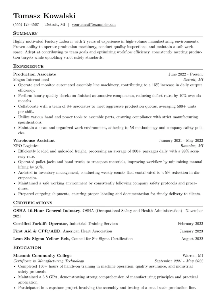 Factory Laborer Resume Example CV template preview