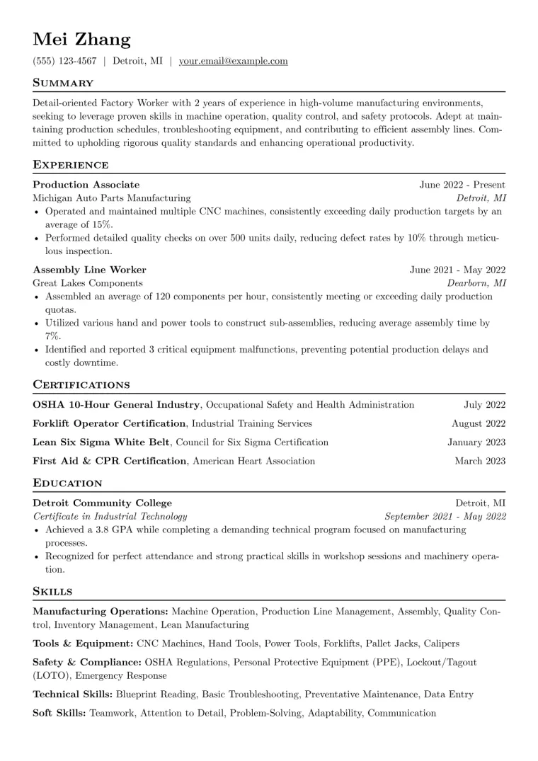 Factory Worker Resume Example CV template preview