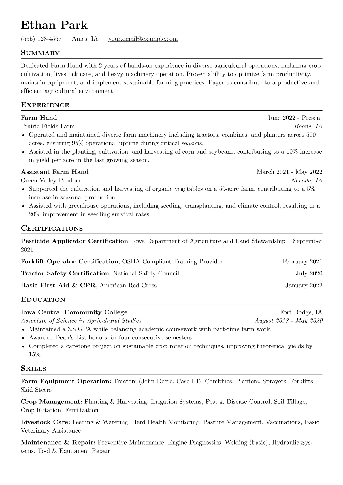 Farm Hand Resume Example CV template - Page 1