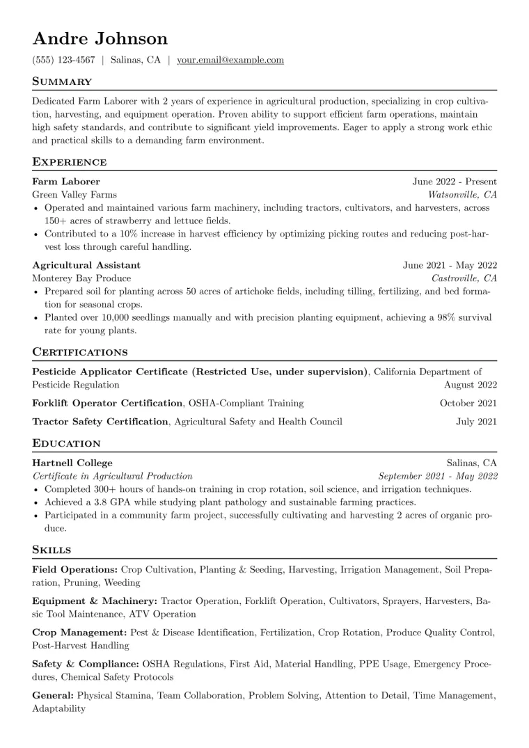 Farm Laborer Resume Example CV template preview
