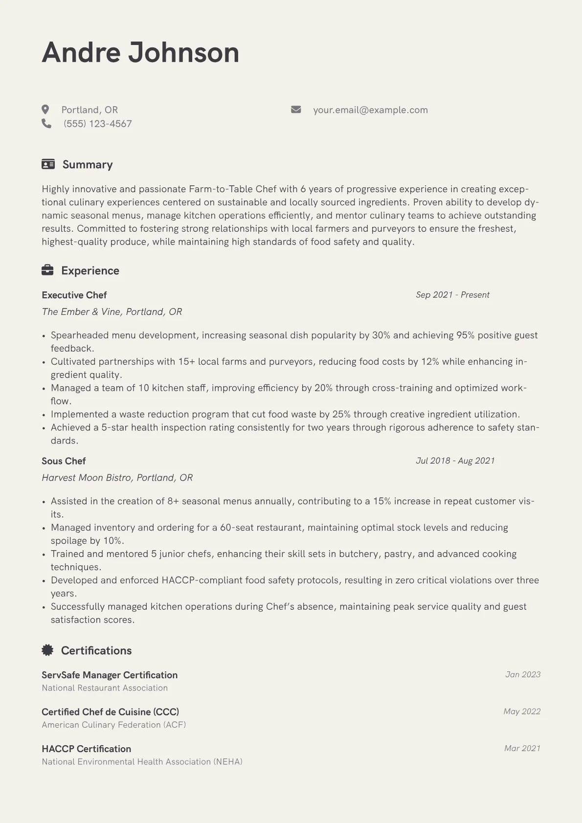 Farm-to-Table Chef Resume Example CV template - Page 1