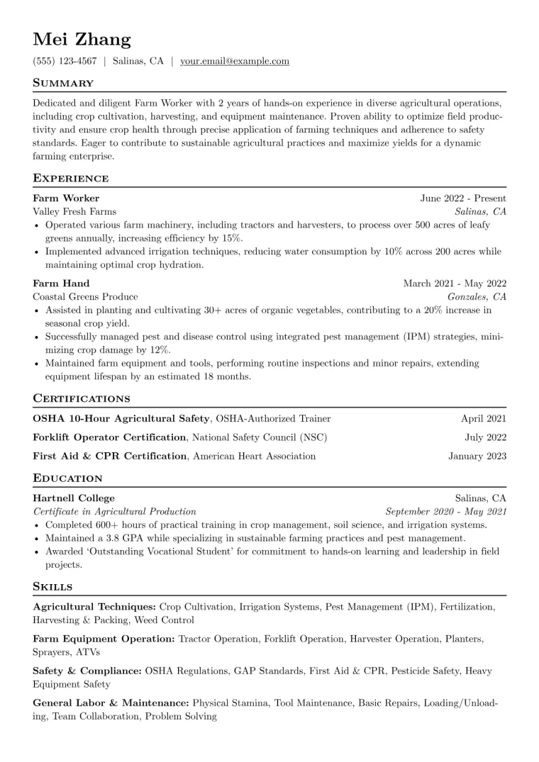 Farm Worker Resume Example CV template preview