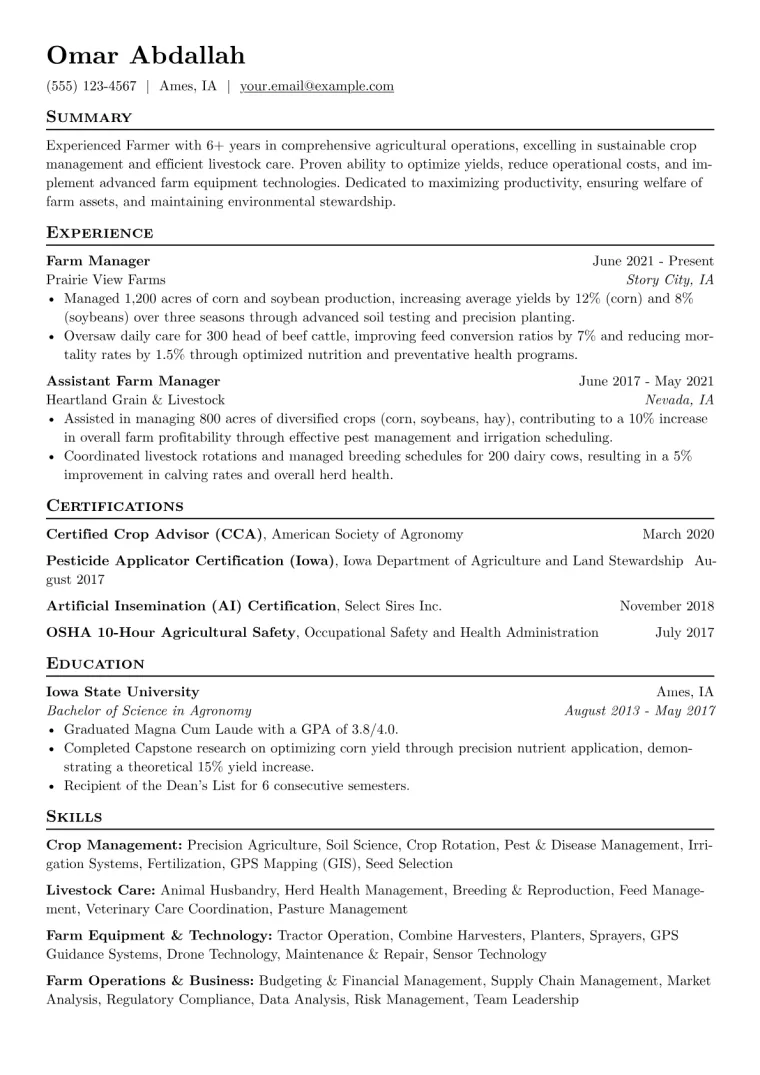 Farmer Resume Example CV template preview
