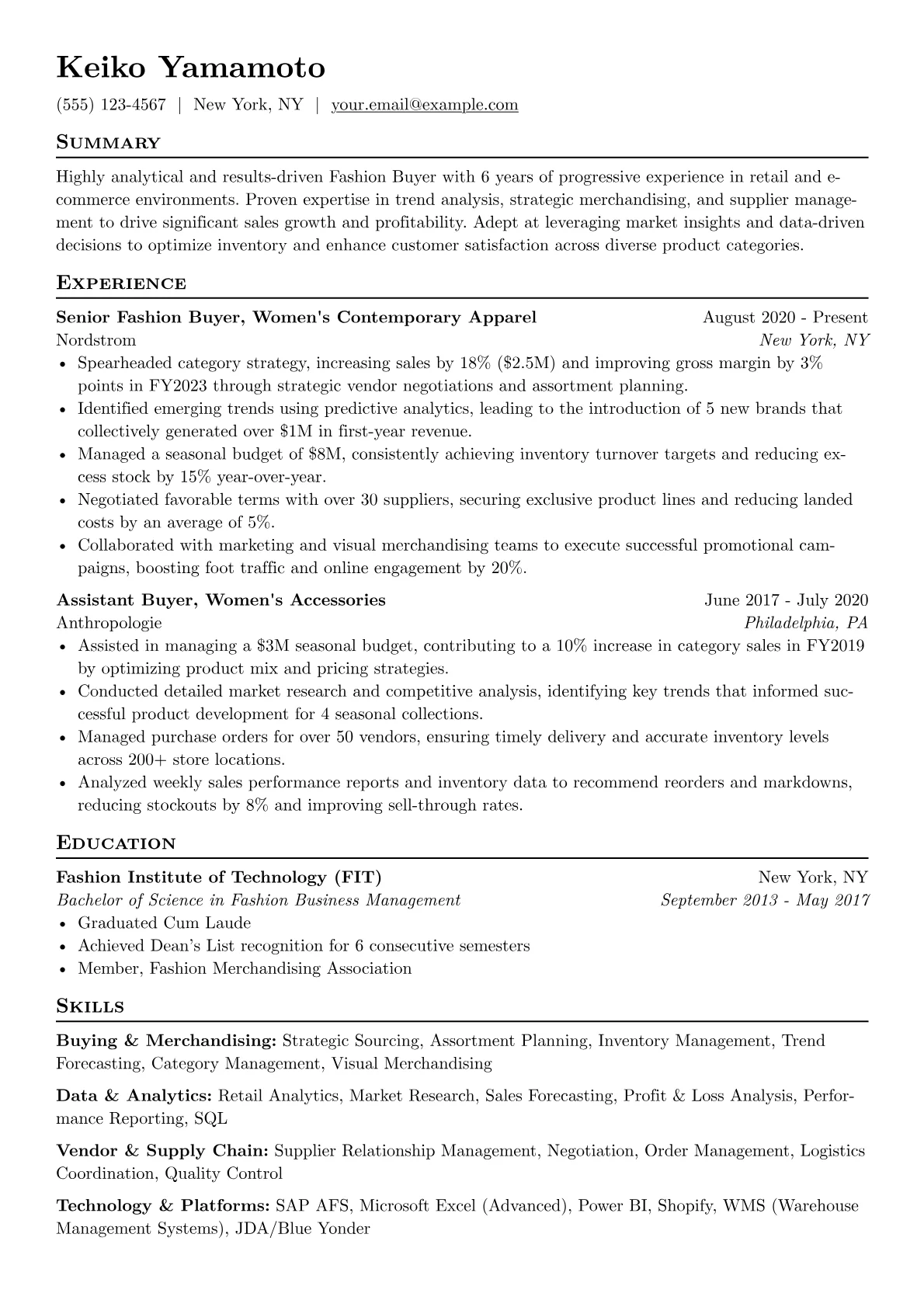 Fashion Buyer Resume Example CV template - Page 1
