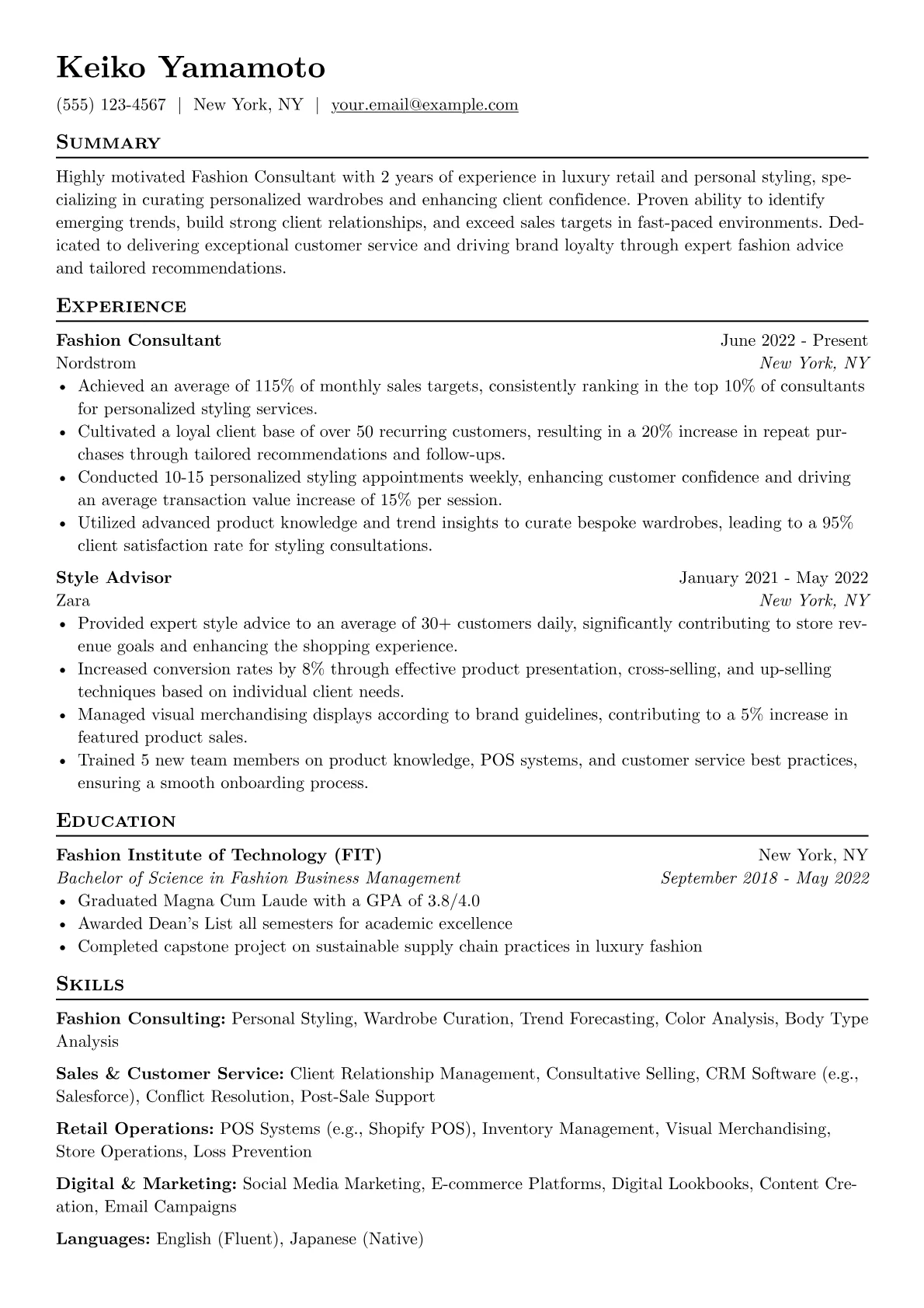 Fashion Consultant Resume Example CV template - Page 1