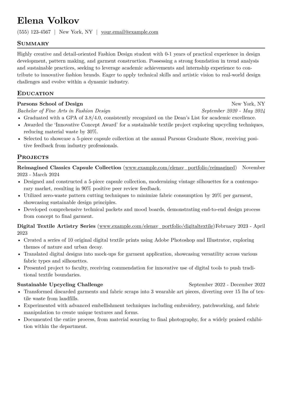 Fashion Design Student Resume Example CV template - Page 1