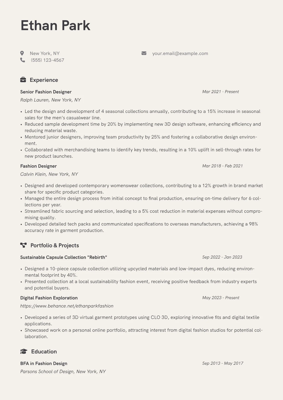 Fashion Designer Resume Example CV template - Page 1