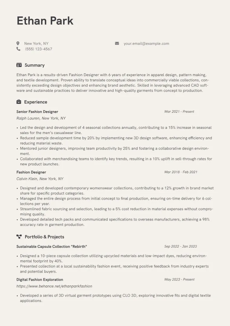 Fashion Designer Resume Example CV template preview