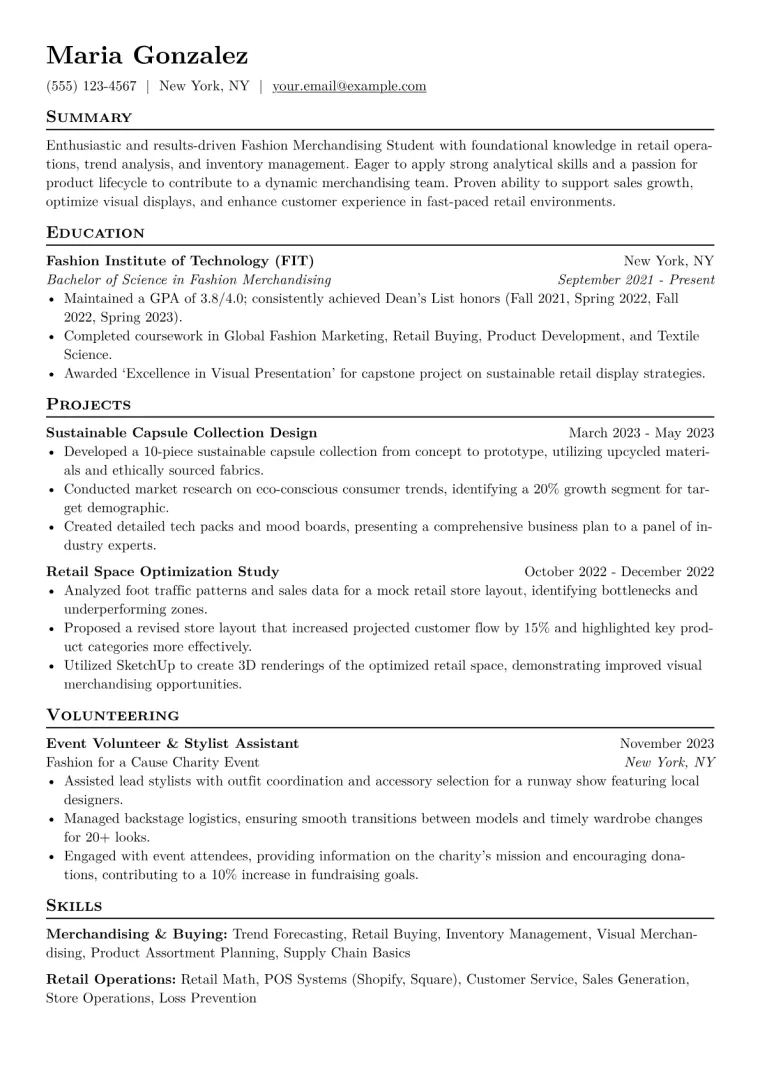 Fashion Merchandising Student Resume Example CV template preview