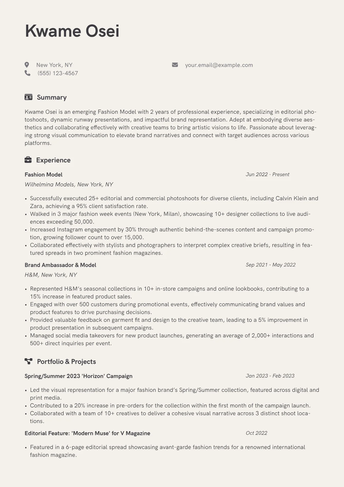 Fashion Model Resume Example CV template - Page 1