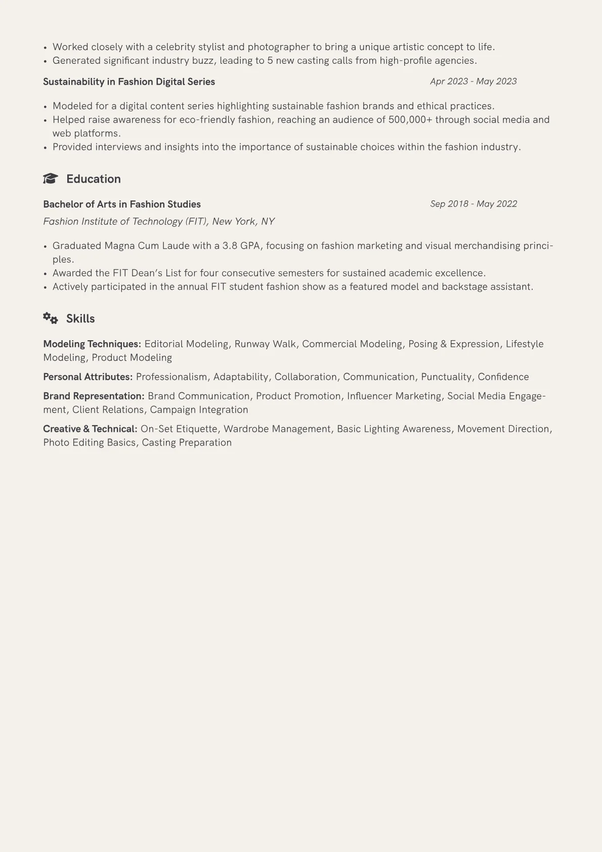 Fashion Model Resume Example CV template - Page 2