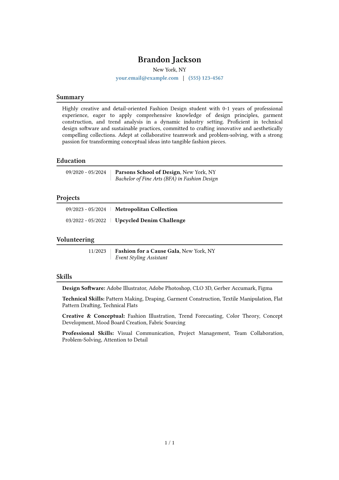 Fashion Student Resume Example CV template - Page 1