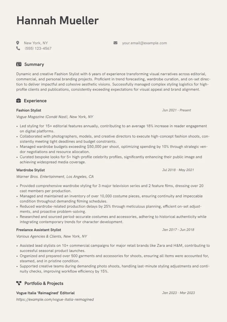 Fashion Stylist Resume Example