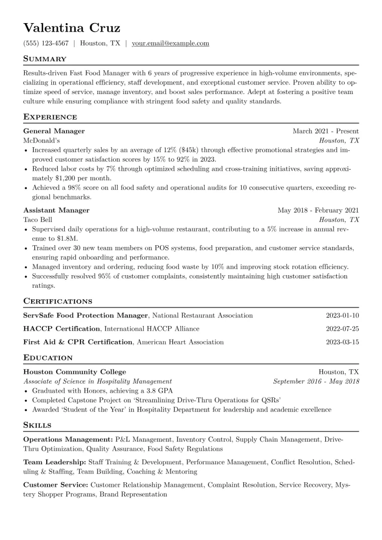 Fast Food Manager Resume Example CV template preview