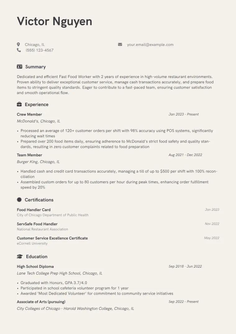 Fast Food Worker Resume Example CV template preview