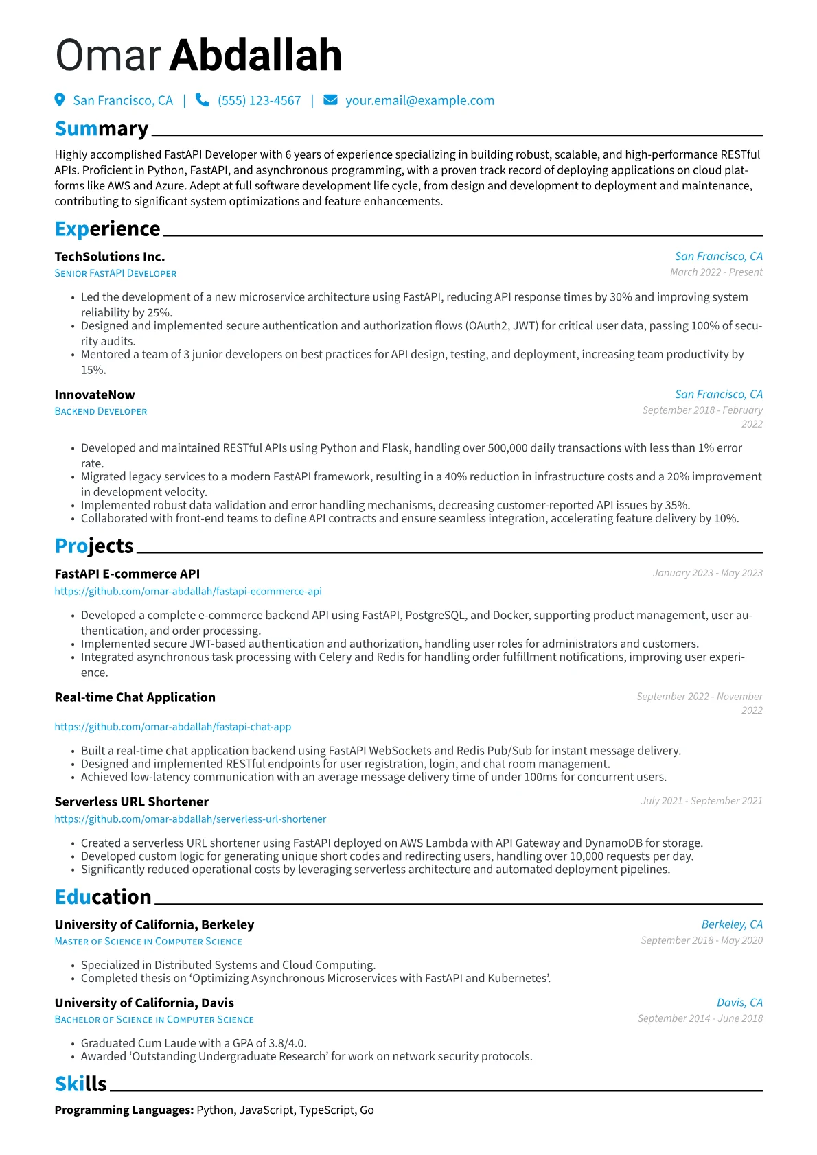 FastAPI Developer Resume Example CV template - Page 1