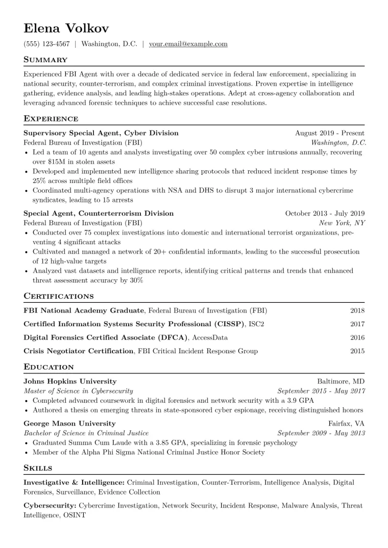 FBI Agent Resume Example CV template preview