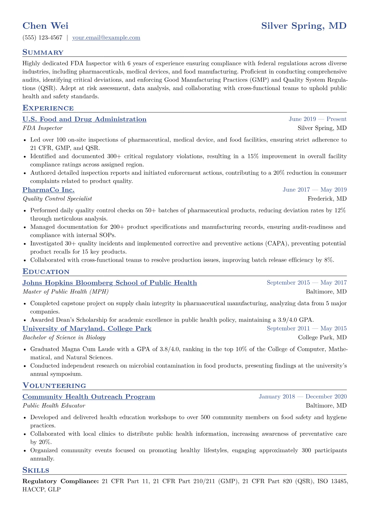 FDA Inspector Resume Example CV template - Page 1