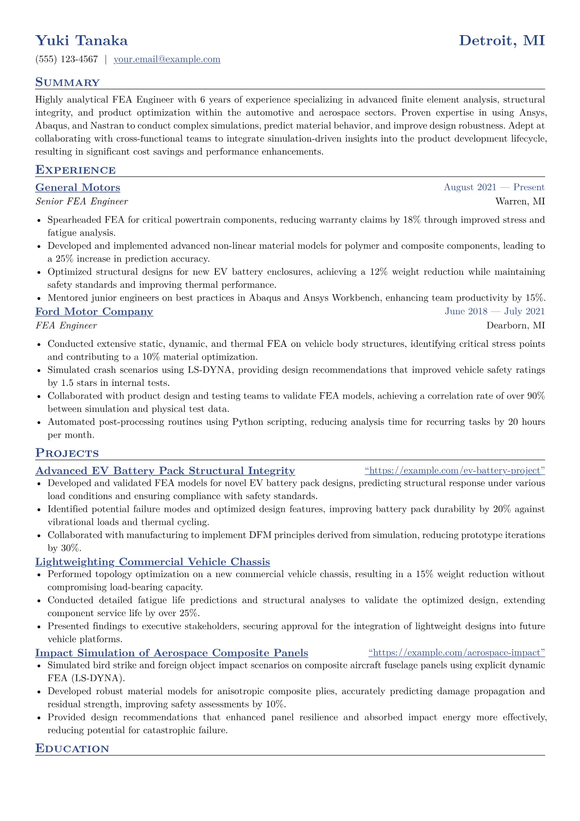 FEA Engineer Resume Example CV template - Page 1