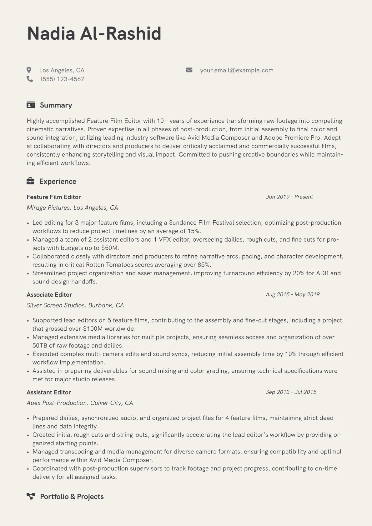 Feature Film Editor Resume Example CV template - Page 1