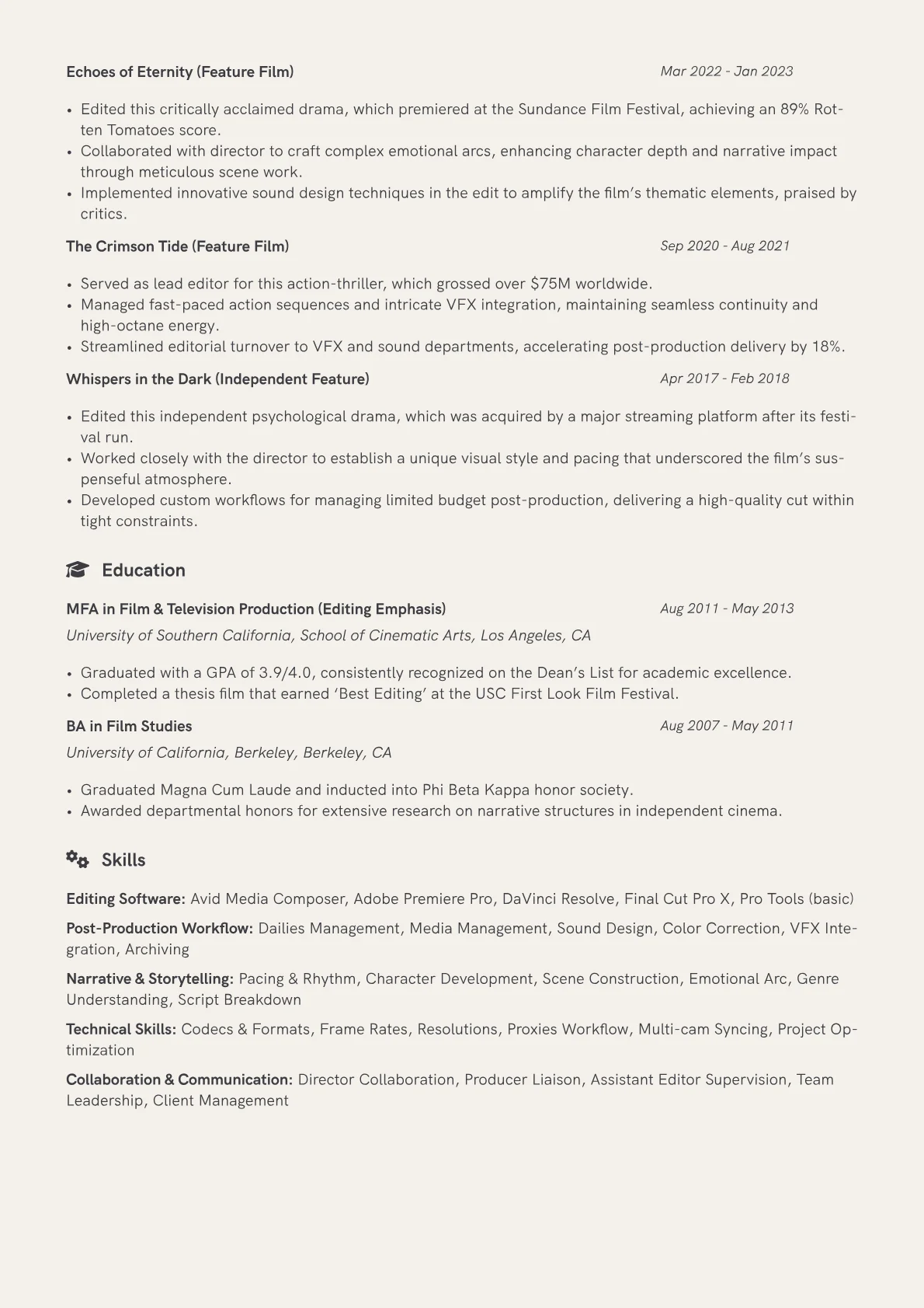 Feature Film Editor Resume Example CV template - Page 2