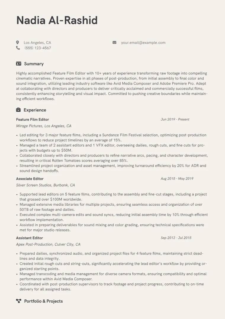 Feature Film Editor Resume Example CV template preview