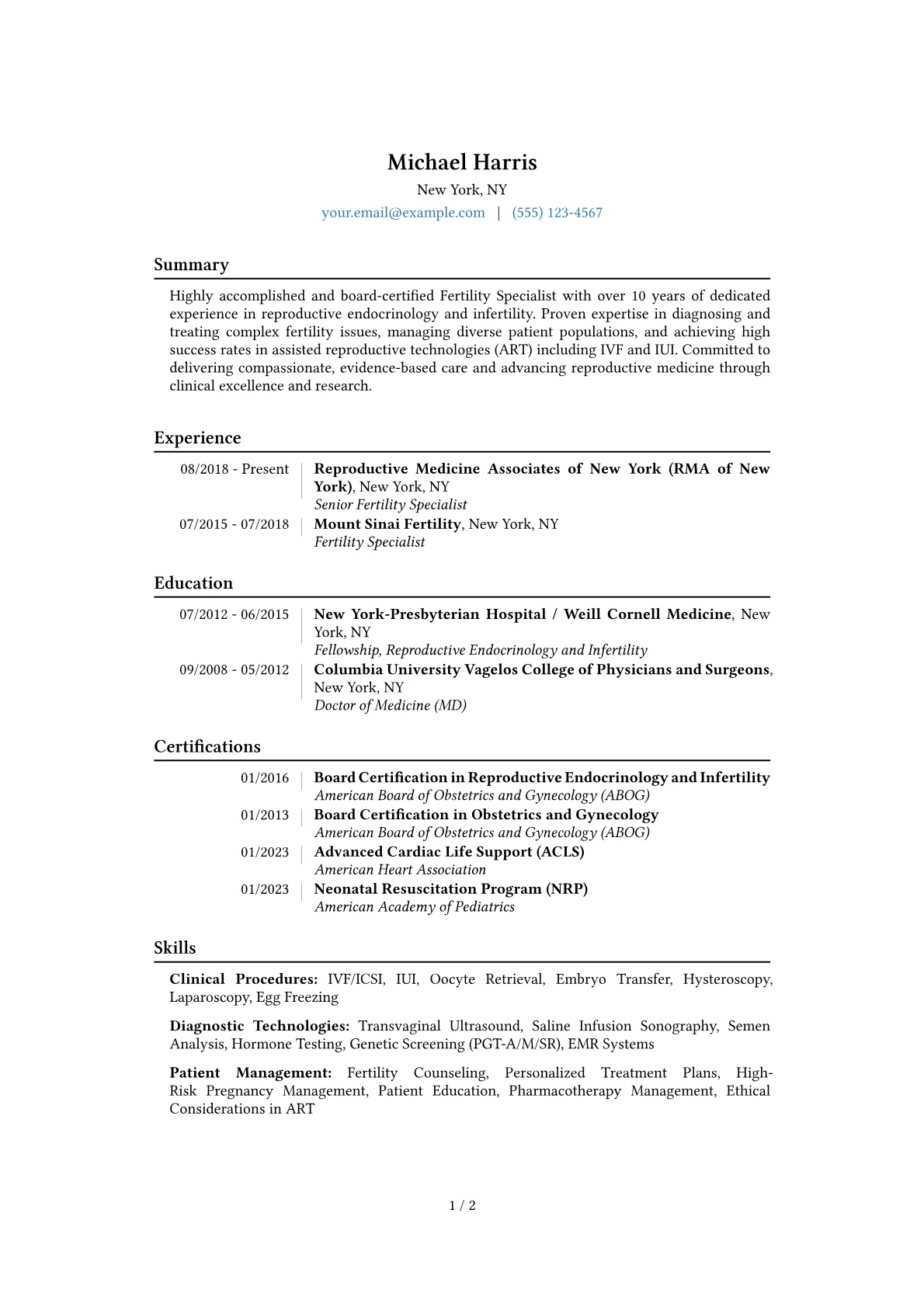Fertility Specialist Resume Example CV template - Page 1