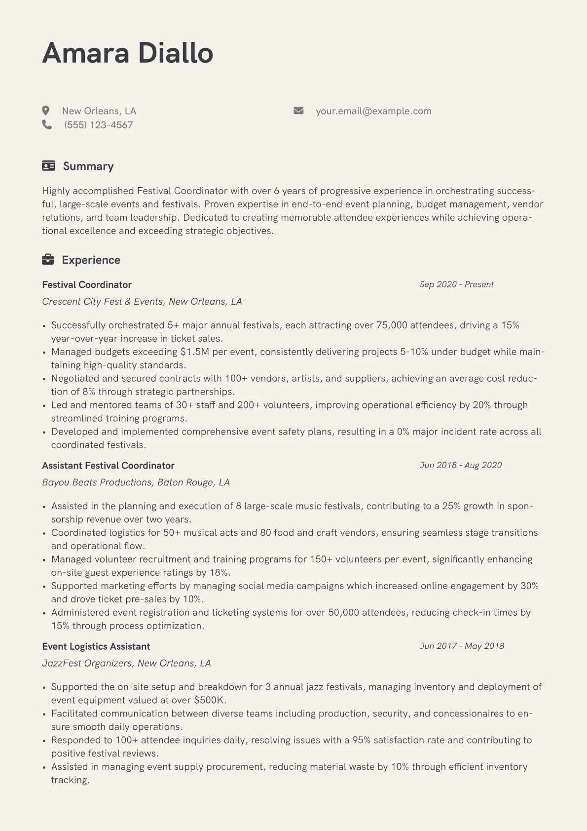 Festival Coordinator Resume Example CV template - Page 1