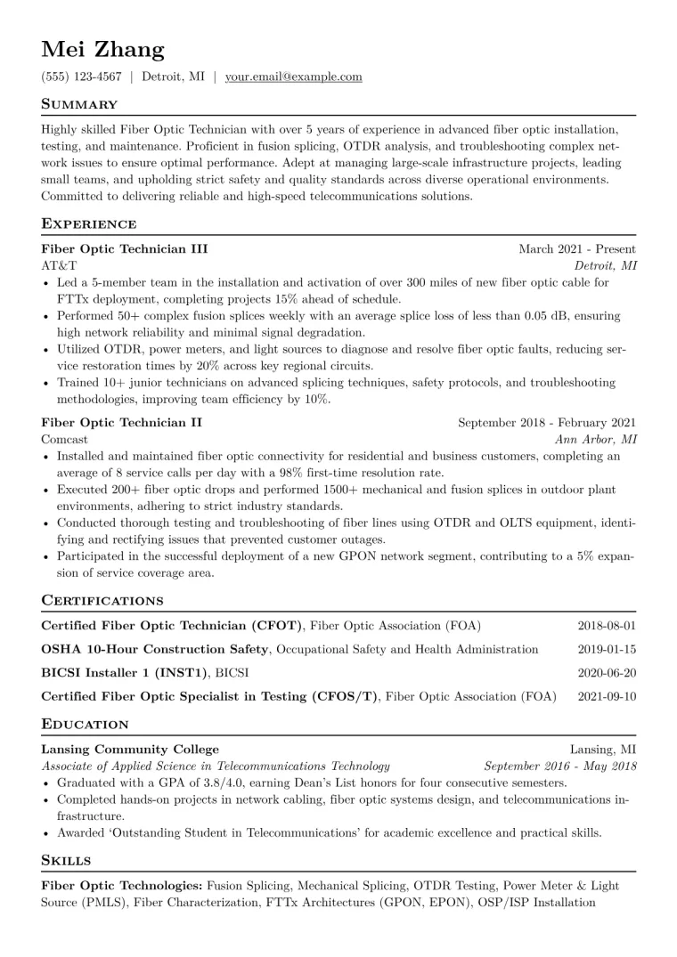 Fiber Optic Technician Resume Example CV template preview