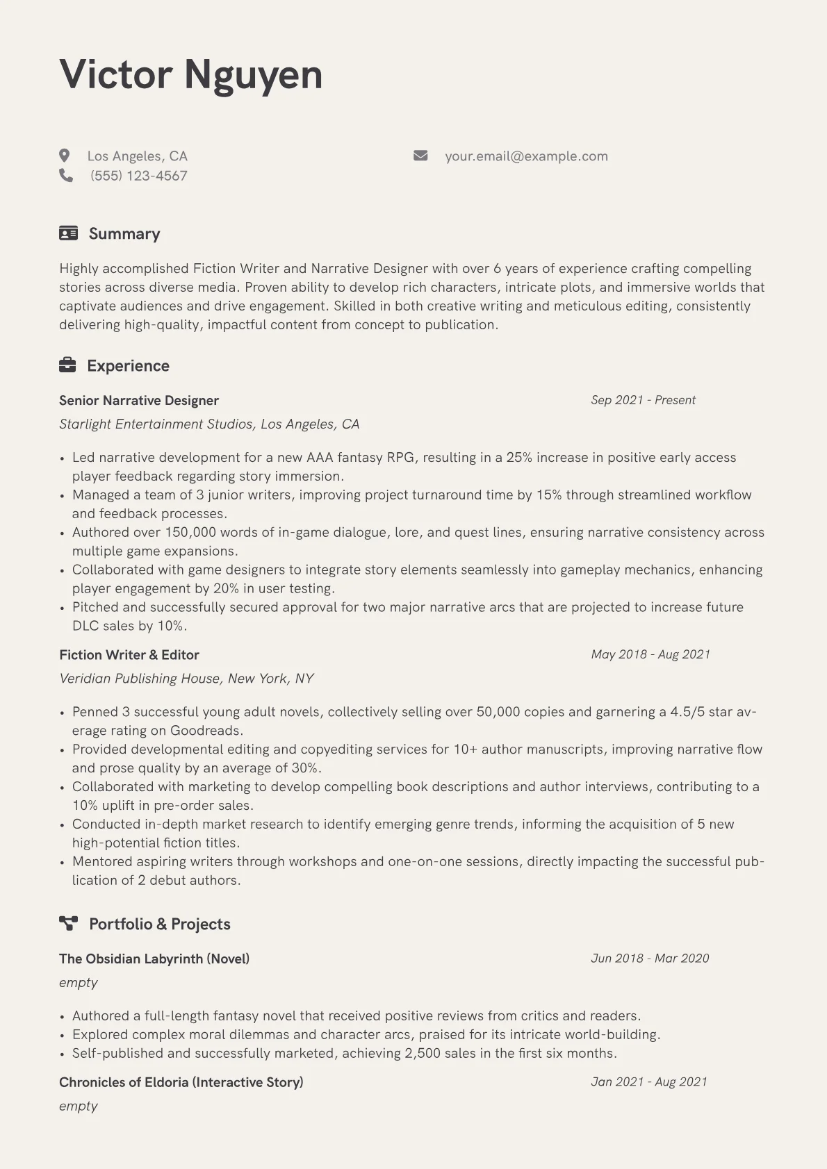 Fiction Writer Resume Example CV template - Page 1