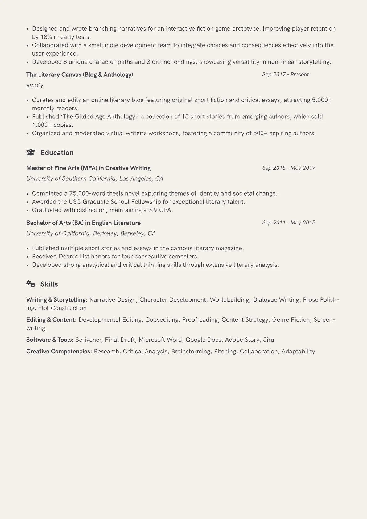 Fiction Writer Resume Example CV template - Page 2
